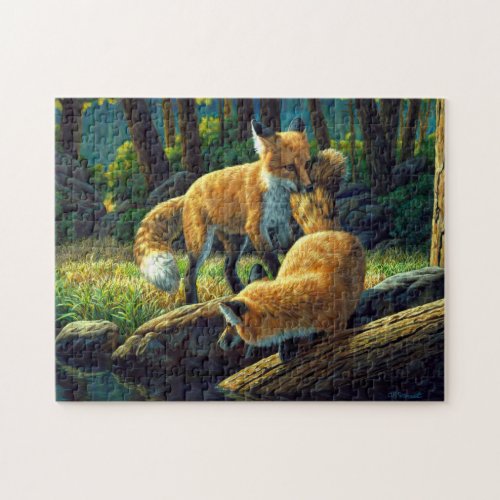 Cute Red Fox Pups Playing Jigsaw Puzzle