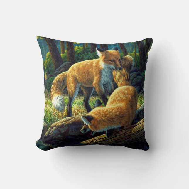 Cute Red Fox Pups Playing Throw Pillow (Front)