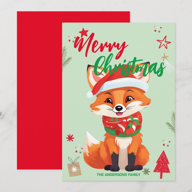 Cute red fox santa Christmas Holiday Family name (Front/Back)