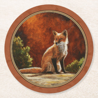 Cute Red Fox Sitting In The Sun Round Paper Coaster