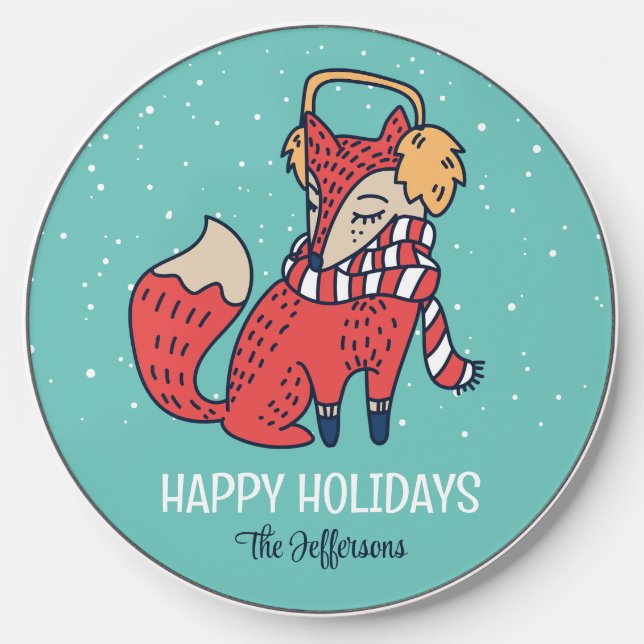 Cute Red Fox Snowy Winter Holiday Christmas Animal Wireless Charger (Front)