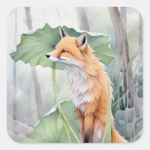 Cute Red Fox Standing Beneath Lotus Leaf Square Sticker