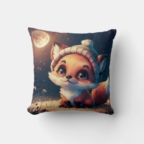 Cute Red Fox Under a Beautiful Full Moon Throw Pillow