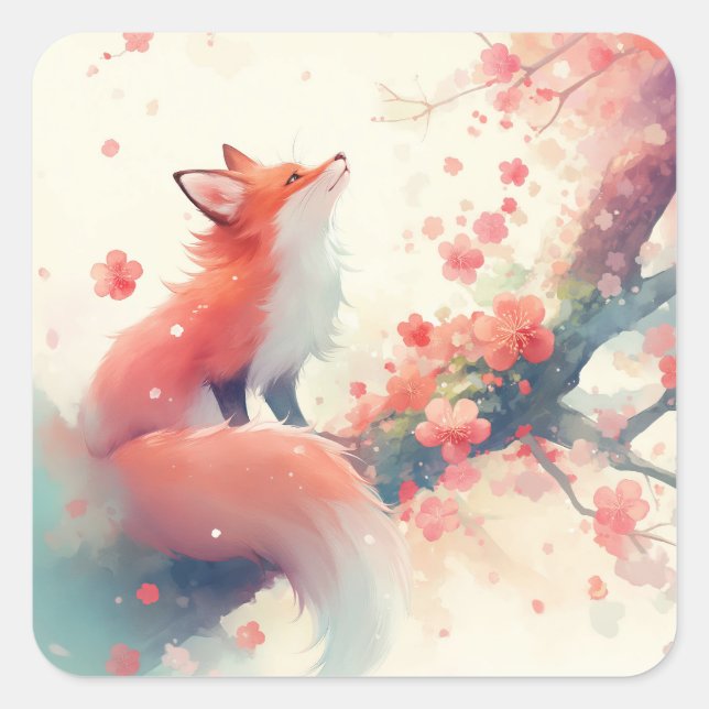 Cute Red Fox Under Pink Cherry Blossom Tree Square Sticker (Front)