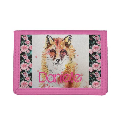 Cute Red Fox Watercolor Girls Pink Trifold Wallet