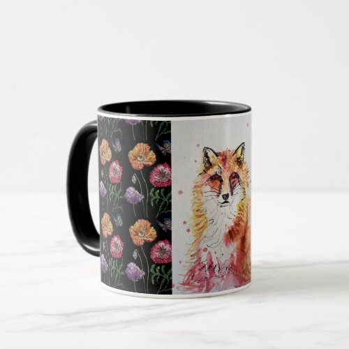 Cute Red Fox Watercolor Painting Mug Black