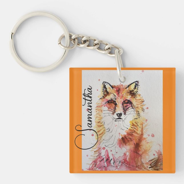 Cute Red Fox Watercolor Painting Mug Orange Keychain (Front)
