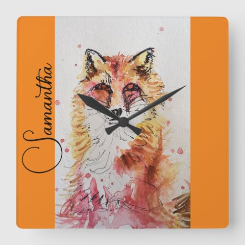 Cute Red Fox Watercolor Painting Mug Orange Square Wall Clock