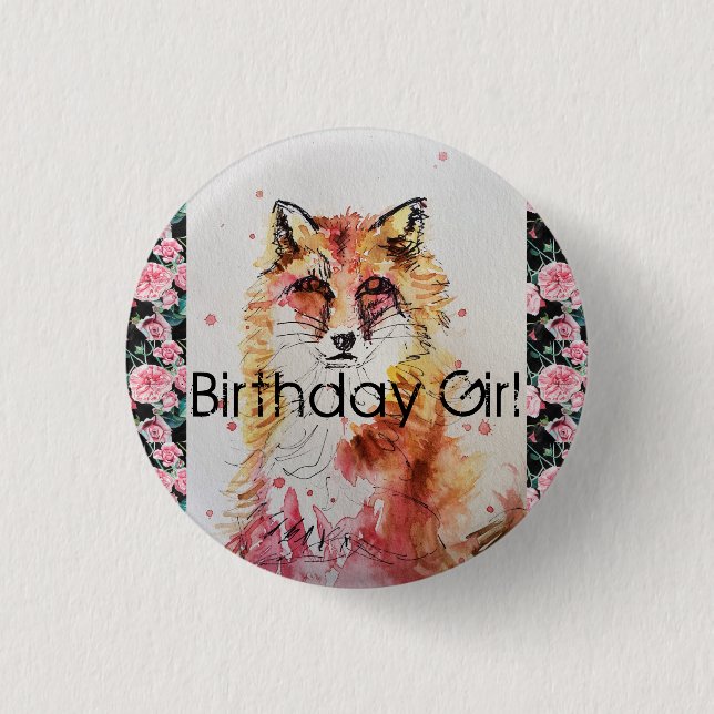Cute Red Fox Watercolor Pink Rose Girls Ladies Button (Front)