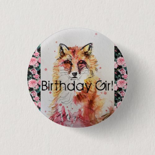 Cute Red Fox Watercolor Pink Rose Girls Ladies Button