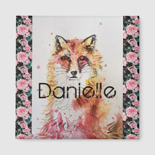 Cute Red Fox Watercolor Pink Rose Girls Ladies Magnet