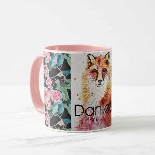 Cute Red Fox Watercolor Pink Rose Girls Ladies Mug