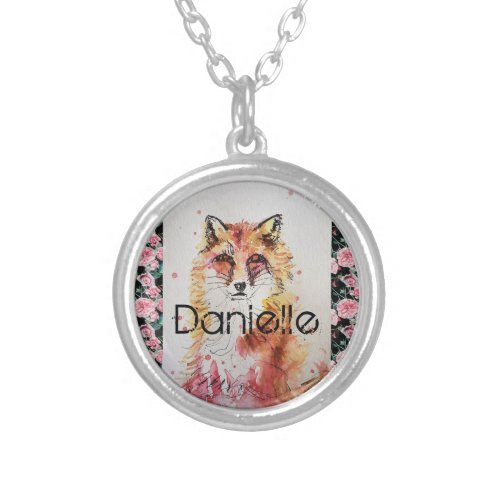 Cute Red Fox Watercolor Pink Rose Girls Ladies Silver Plated Necklace