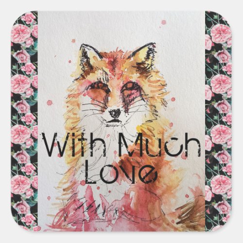 Cute Red Fox Watercolor Pink Rose Girls Ladies Square Sticker