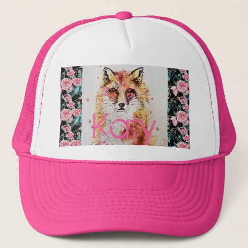Cute Red Fox Watercolor Pink Roses Girls Ladies Trucker Hat