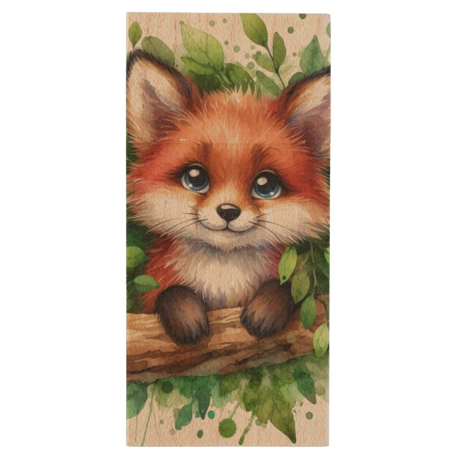 Cute Red Fox Watercolor Wood Flash Drive (Back (Vertical))