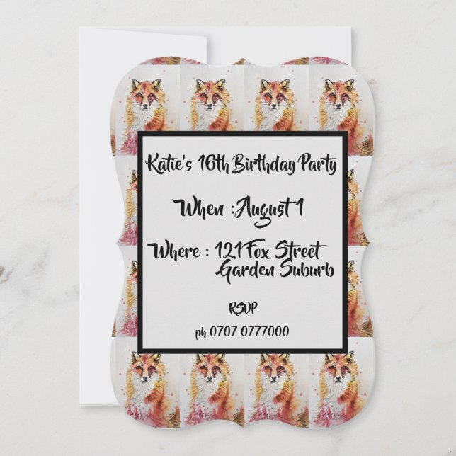 Cute Red Fox Watercolour 16th Birthday Invitation (Front)