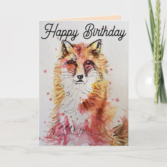 Cute Red Fox Watercolour Birthday Card (Front)