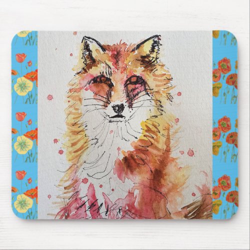 Cute Red Fox Watercolour Painting Mouse Mat floral