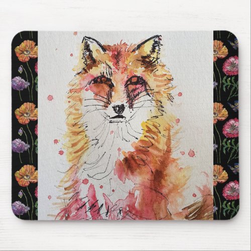 Cute Red Fox Watercolour Painting Mouse Mat floral