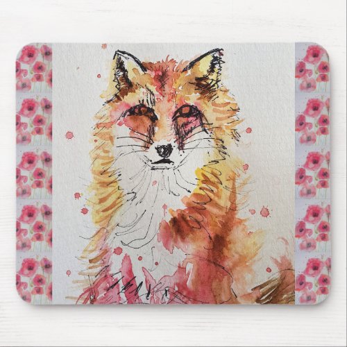 Cute Red Fox Watercolour Painting Mouse Mat poppy