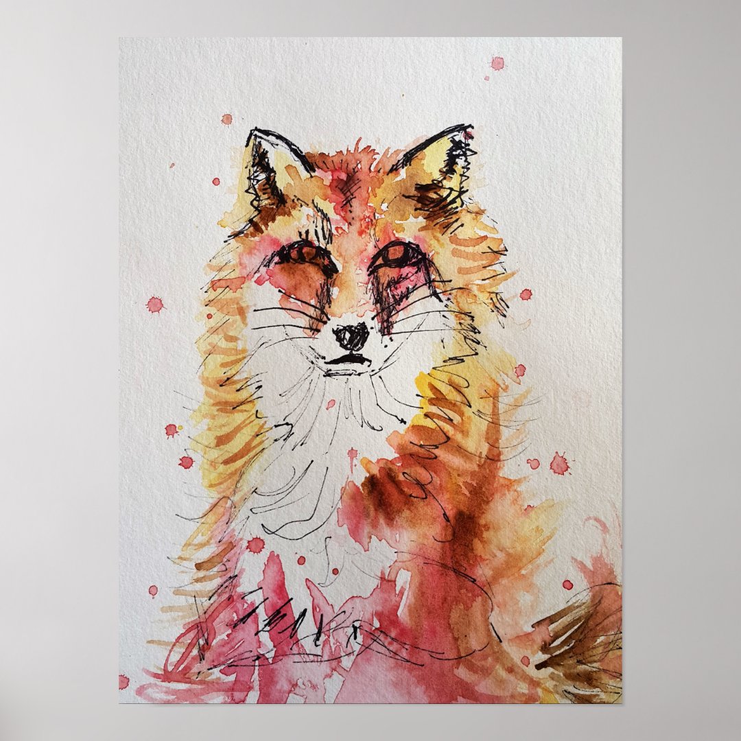 Cute Red Fox Watercolour Painting Poster 