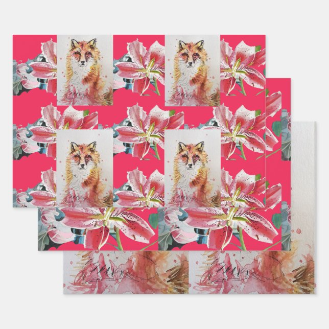 Cute Red Fox Watercolour Red Lily Floral Art Wrapping Paper Sheets (Set)