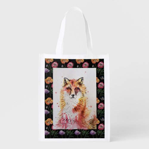 Cute Red Fox Watercolour Reusable Grocery Bag