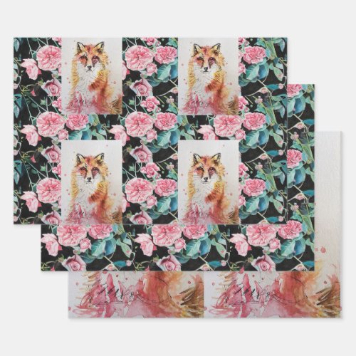 Cute Red Fox Watercolour Rose Woodland Animal Art Wrapping Paper Sheets