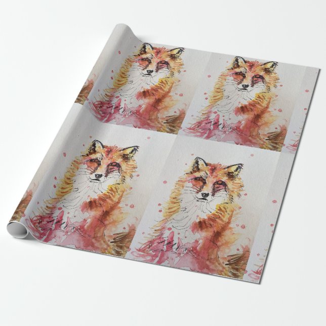 Cute Red Fox Watercolour Woodland Animal Art Wrapping Paper (Unrolled)