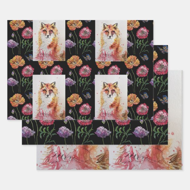 Cute Red Fox Watercolour Woodland Animal Art Wrapping Paper Sheets (Set)