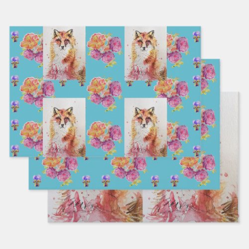 Cute Red Fox Watercolour Woodland Rose Animal Art Wrapping Paper Sheets