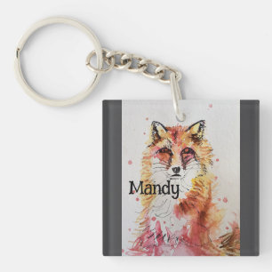 Cute Red Fox Whimsical Watercolor Girls Keychain