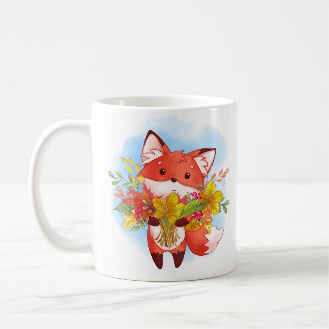 Cute Red Fox with Fall Leaves Coffee Mug (Left)