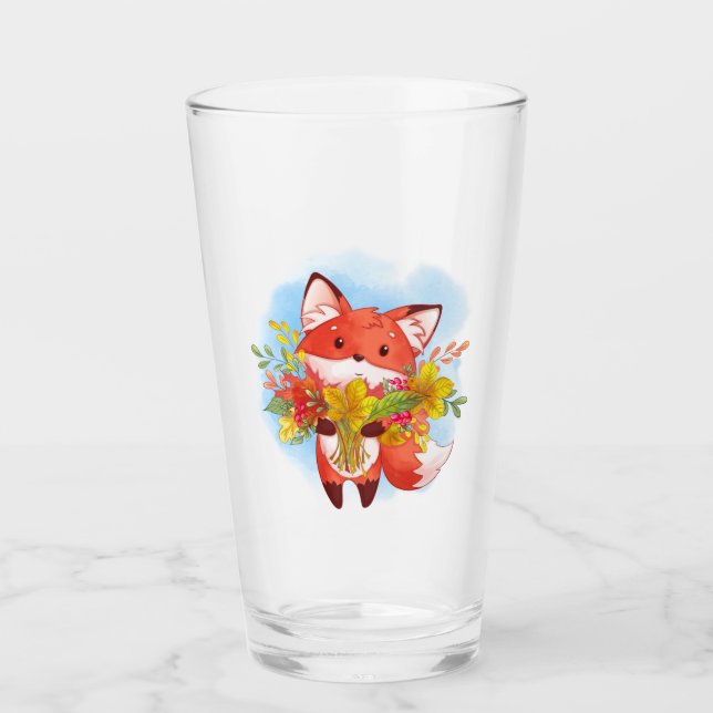 Cute Red Fox with Fall Leaves Glass (Front)