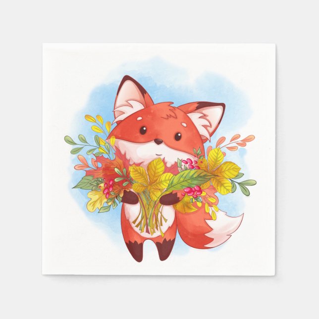 Cute Red Fox with Fall Leaves Napkins (Front)