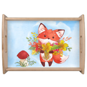 Cute Red Fox with Fall Leaves, Red mushoom Serving Tray