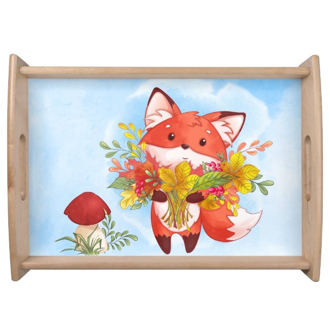 Cute Red Fox with Fall Leaves, Red mushoom Serving Tray (Front)
