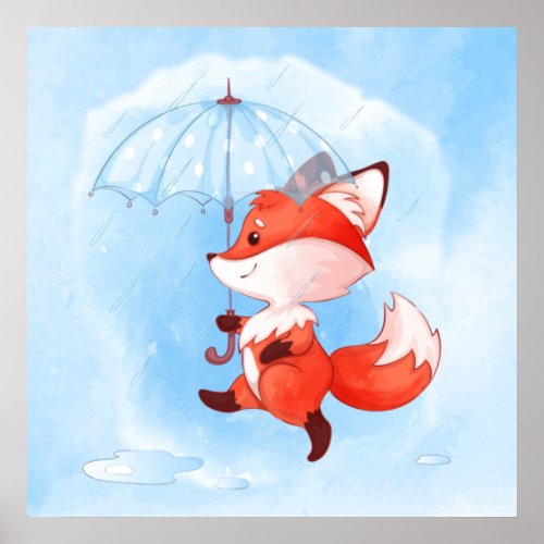 Cute Red Fox with Umbrella Poster