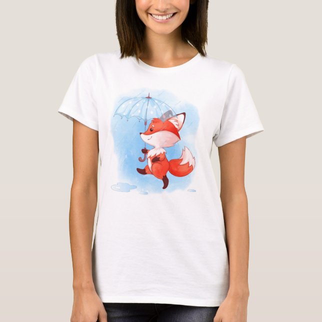 Cute Red Fox with Umbrella T-Shirt (Front)