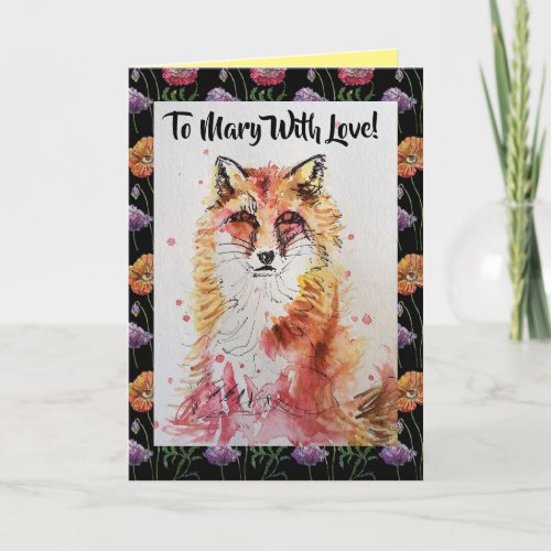 Cute Red Fox Womans Name Love Watercolour Card