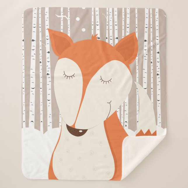 Cute Red Fox Woodland Birch Trees  Sherpa Blanket (Front)