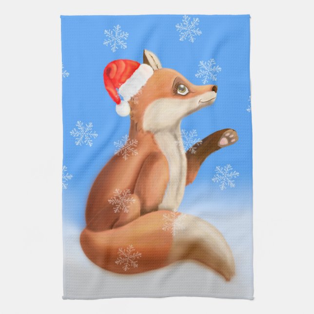 Cute Red Fox Woodland christmas Snow Kitchen Towel (Vertical)