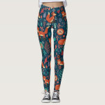 Cute Red Foxes And Flowers Pattern Leggings<br><div class="desc">Cute red foxes and flowers seamless pattern on dark blue background.</div>