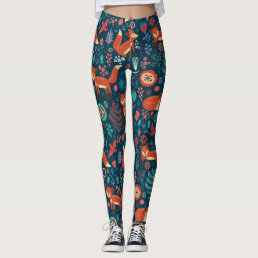 Cute Red Foxes And Flowers Pattern Leggings