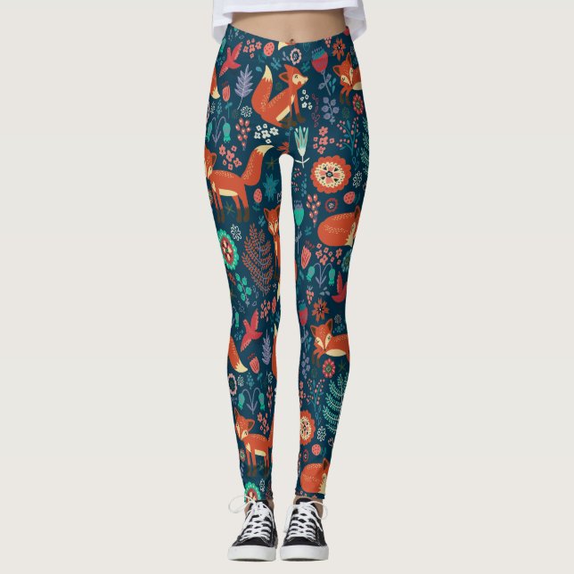 Cute Red Foxes And Flowers Pattern Leggings (Front)