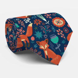 Cute Red Foxes And Flowers Pattern Neck Tie
