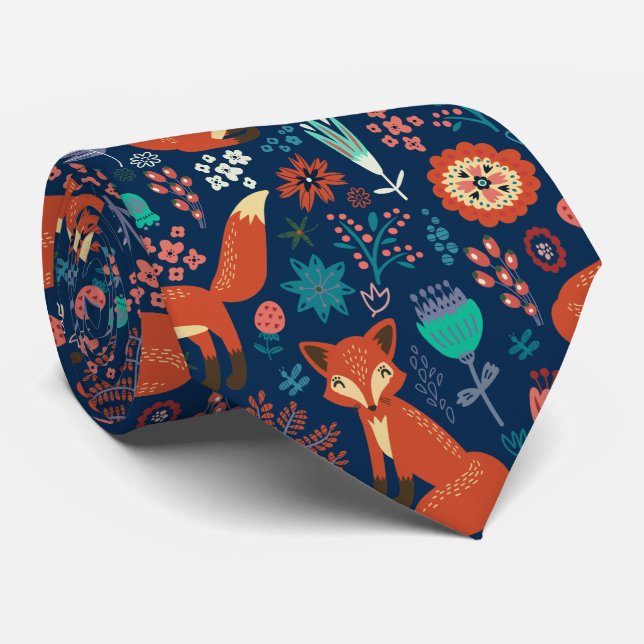 Cute Red Foxes And Flowers Pattern Neck Tie (Rolled)
