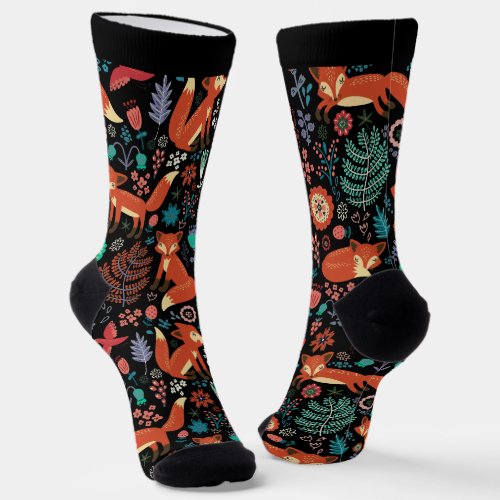 Cute Red Foxes And Flowers Pattern Socks