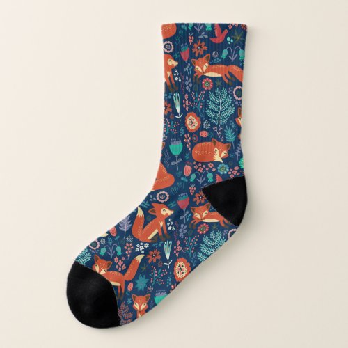 Cute Red Foxes And Flowers Pattern Socks